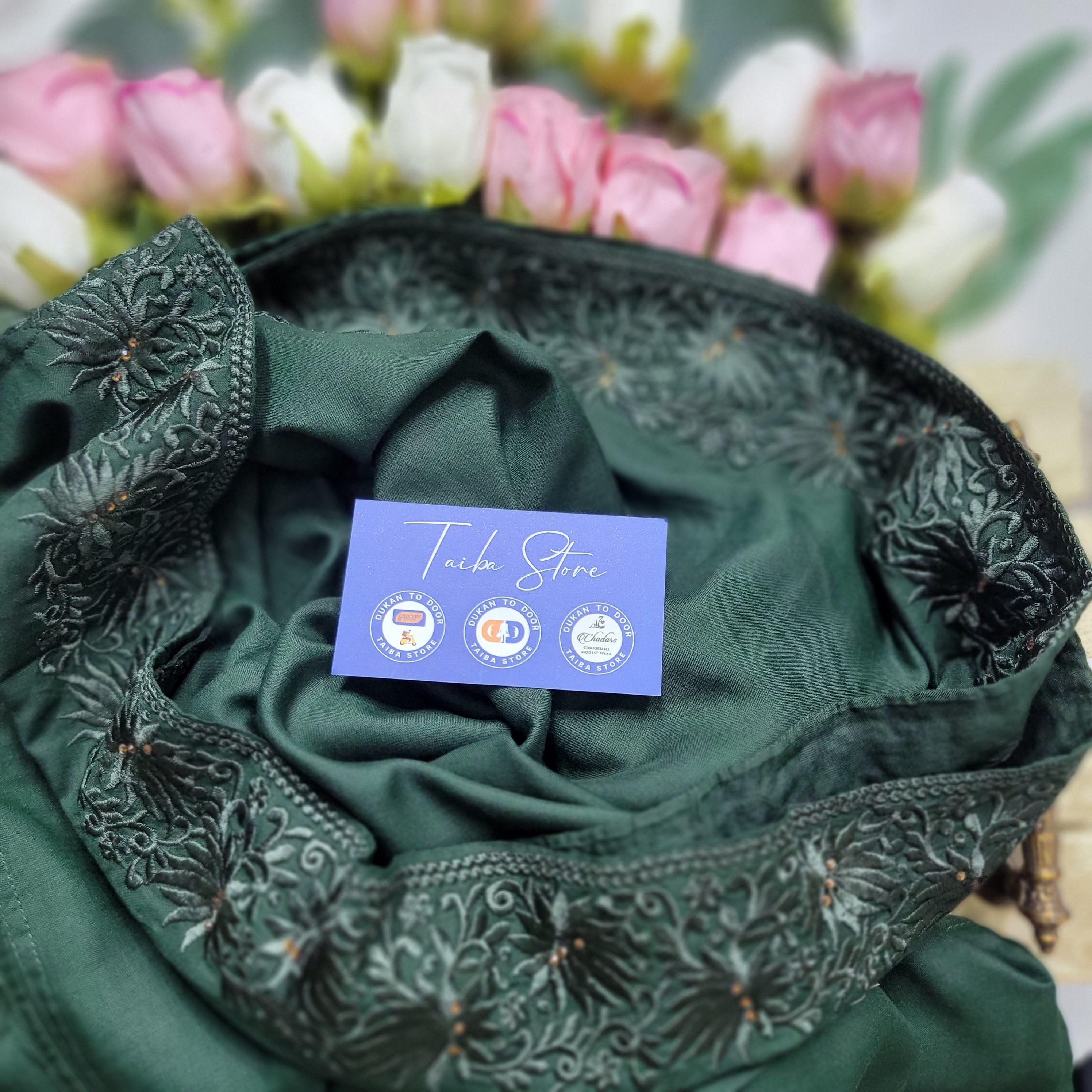 Lalezar embroidered chadar in Emrelled Green with elegant floral border embroidery by Taiba Store