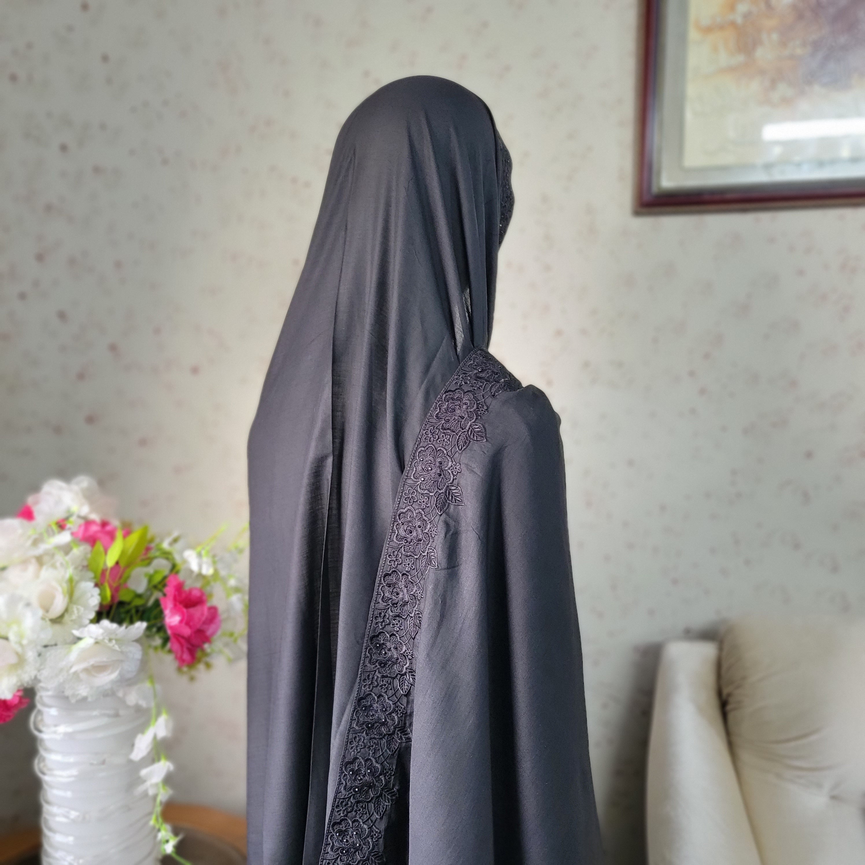 Lightweight and breathable Zahra embroidery chadar featuring intricate floral detailing, perfect for summer modest wear, available in various colors.