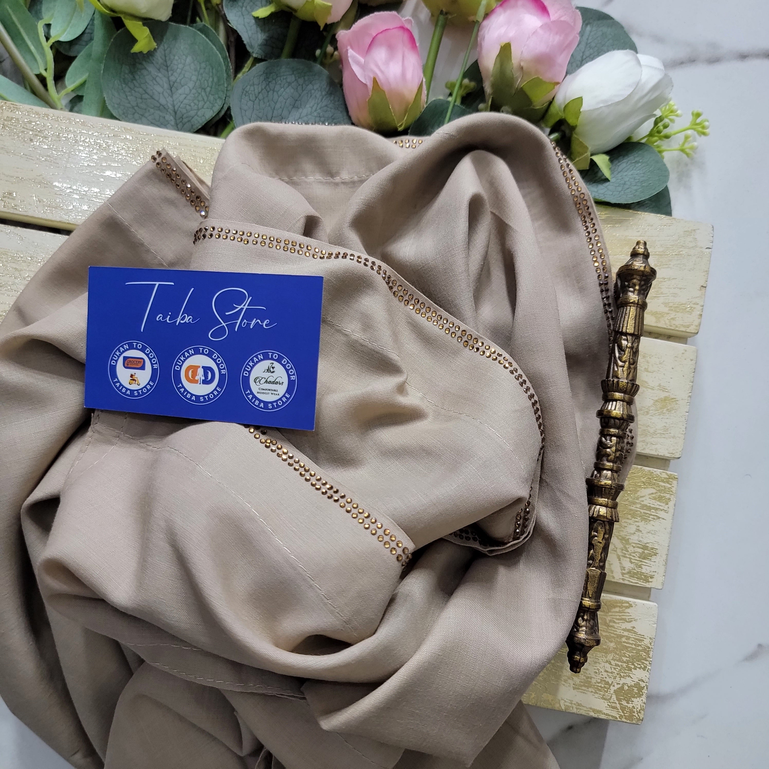 Swiss Lawn coffee beige chadar with StoneLine border – lightweight breathable fabric