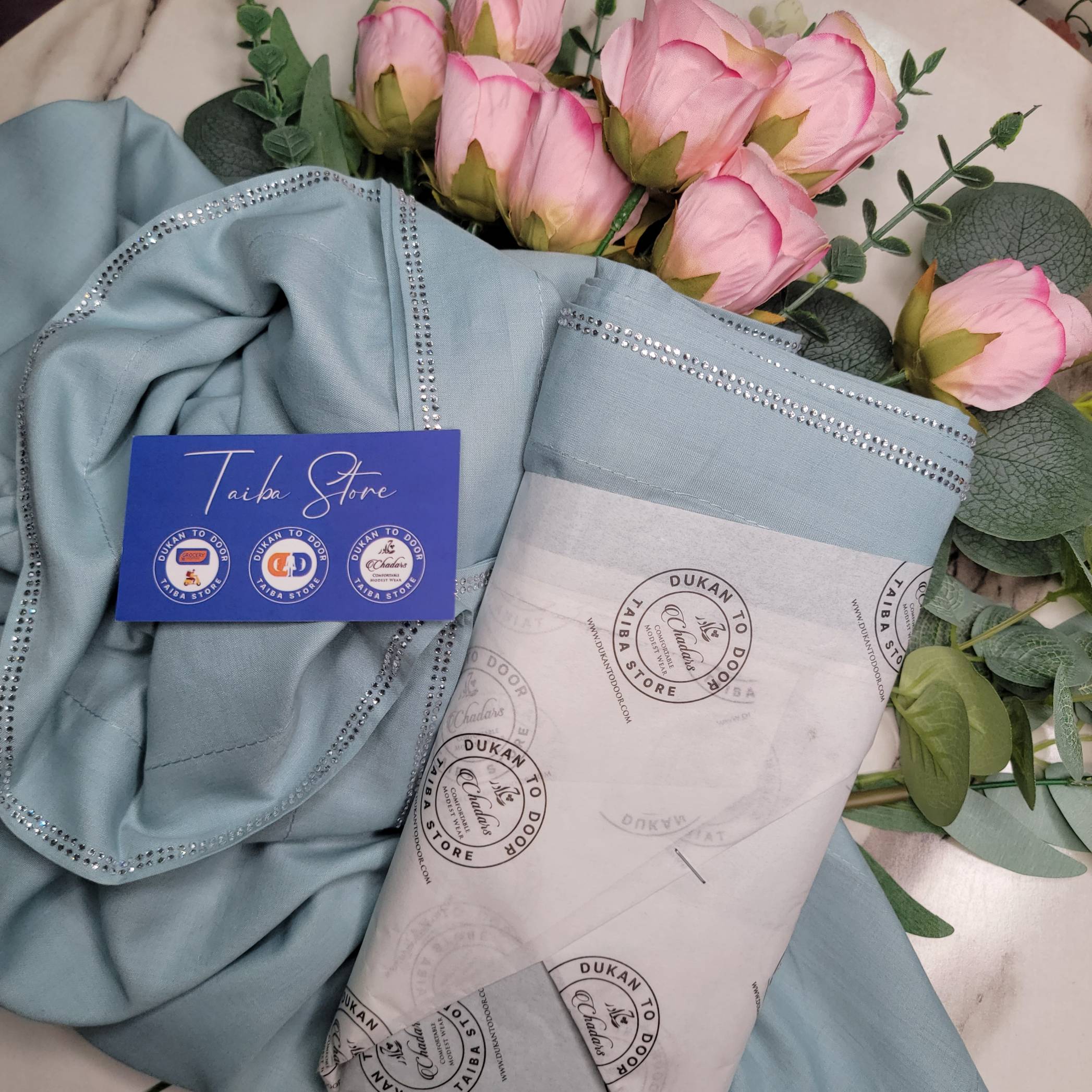 Swiss Lawn powder blue chadar with StoneLine border – lightweight breathable fabric