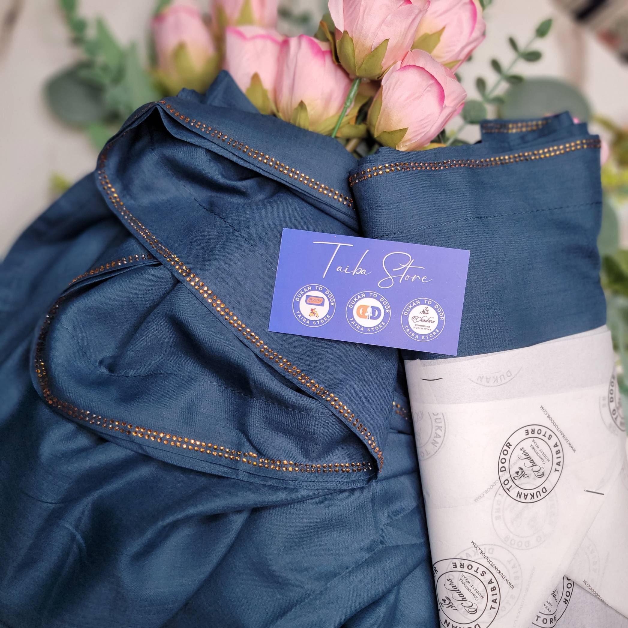 Swiss Lawn zinc teal chadar with StoneLine border – lightweight breathable fabric